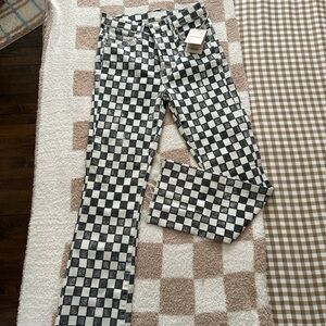 MOTHER Black and White Checkered Flare Jeans